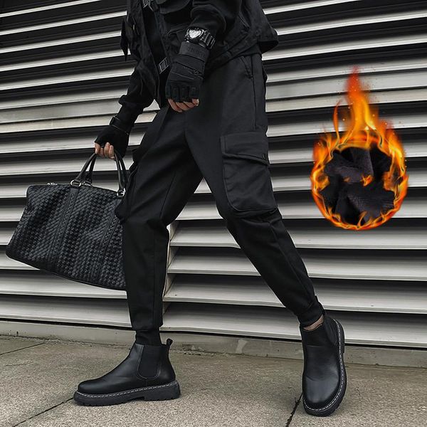 

men's pants 2021autumn winter dark black tie-leg casual overalls korean warm fleece and cashmere harem trousers