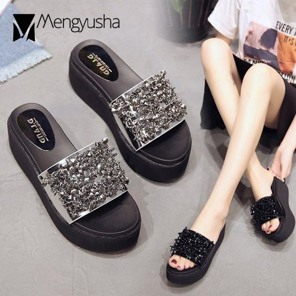 

sandals bling crystal band slingback pu platform women slippers elevated shoes woman open toe slip on gladiator sandalias 20211, Black