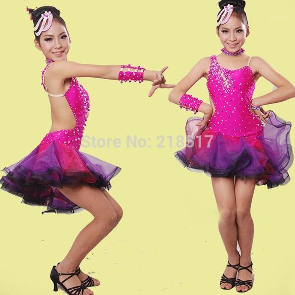 

3 colors child latin dress diamond dancing clothing kids latin dance costume dance dress girl performance wear1, Black;red
