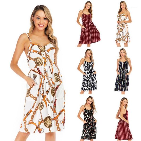 

spaghetti strap high waist women dress summer 2020 sleeveless pocket printed knee-length dress backless loose femme1, Black;gray