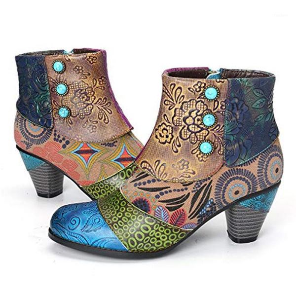 

vintage splicing printed ankle boots for women shoes woman pu leather retro block high heels women boots 20211, Black