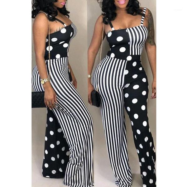 

fashion ladies women casual dots printed striped jumpsuit sleeveless long wide leg romper trousers clubwear jumpsuits1, Black;white