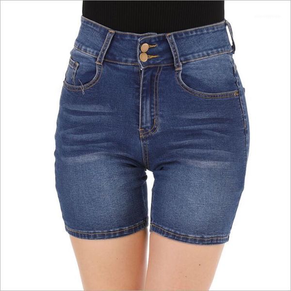 

new summer women 's high waist straight stretch elastic plus fertilizer increase loose denim shorts1, Blue