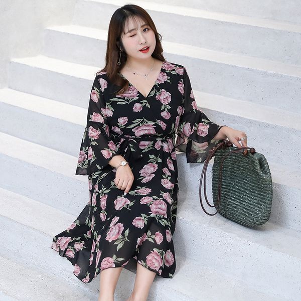

xl xxl 3xl 4xl new summer 2020 women long chiffon dress flare 3/4 sleeve big size black white flower print mid calf vintage lady, Black;gray