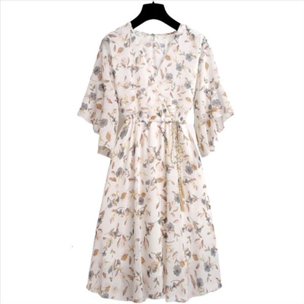 

chiffon spring summer dress women elastic waist v-neck print dresses sweet ruffle sleeeve floral slim drawstring vestidos, Black;gray