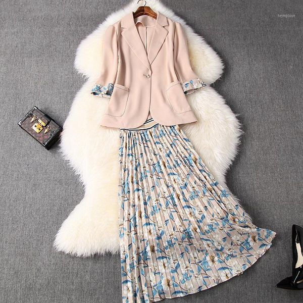 

2 piece sets womens outfits 2020 summer elegant offica one button blazer + elastic waist pleated skirt long matching sets1, White