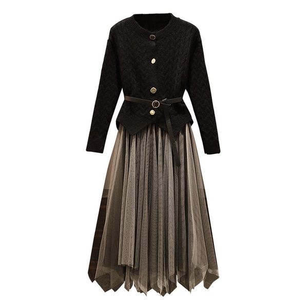 

women's tracksuits large size 2021 winter korea fashion black sweater pleated skirts two pcs leisure suits lady outfit vogue knitwear, Gray