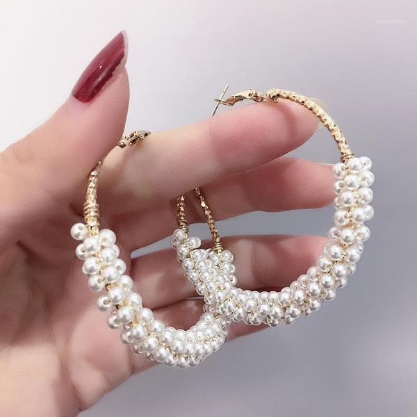

1 pair fashion 50mm big round loop circle earring new brand imitation pearl gold-color flower cut loop earrings1, Golden;silver