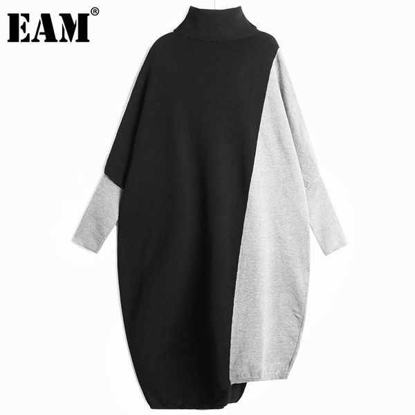 

eam] women big size spliced asymmetrical knitting dress new turtleneck long sleeve loose fit fashion autumn winter 2021 1dd3061, Black;gray