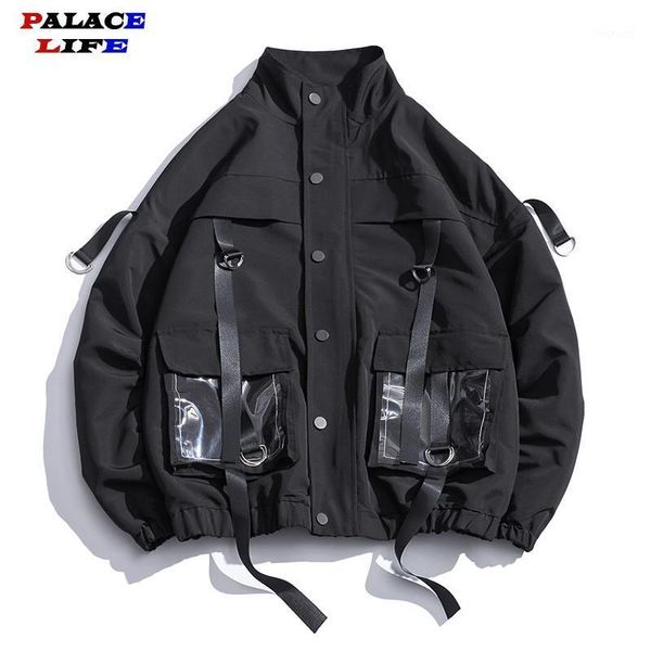 

men hip hop jacket coats casual windbreaker ribbons pockets men's overalls bomber jacket streetwear outwear jaqueta masculino1, Black;brown