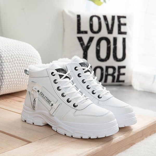 

boots 2021 winter women ankle warm pu plush woman shoes sneakers flats lace up short snow botas de mujer, Black
