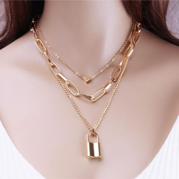 

chokers multi layer lover lock padlock pendant choker exaggerated steampunk heart chain necklace couple jewelry gift, Golden;silver
