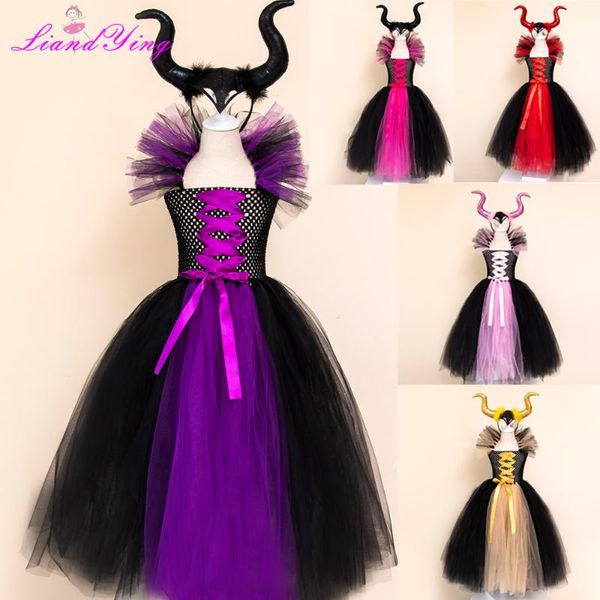 

maleficent evil queen girls tutu dress with horns halloween cosplay witch costume for girls kids party dress children clothing, Red;yellow