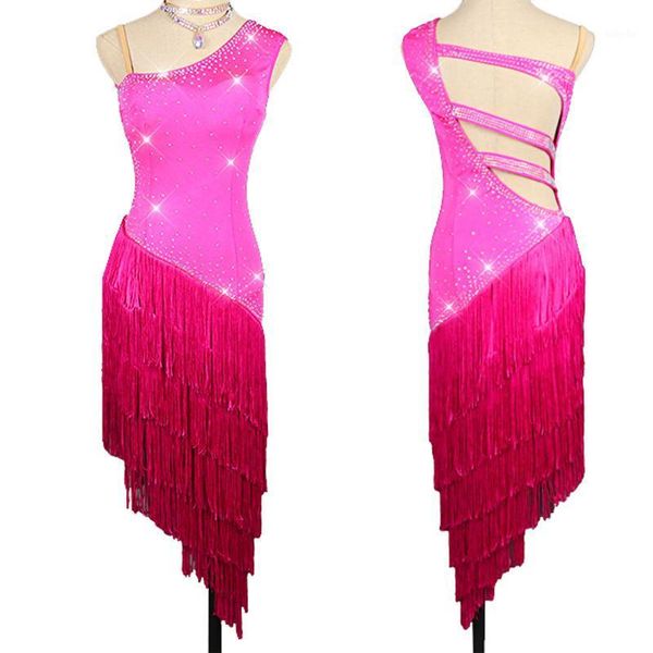 

2020 latin dance dress rose pink dress competitive rhinestone fringe skirt salsa flapper latin clothing bl28401, Black;red