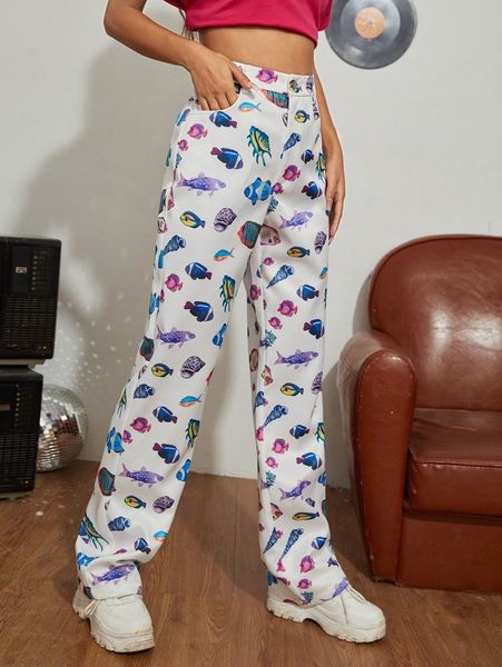 

fish print high waist straight leg pants z5go#, Black;white