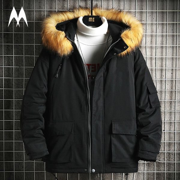 

winter fur collar coats men streetwear 2020 brand new thick warm jacket men high street windbreaker coat male fashion clothing, Black