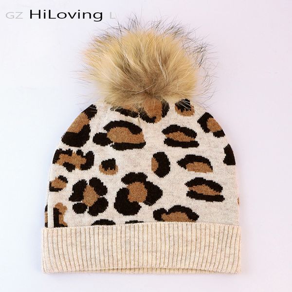 Vendita calda-2020 Trendy 100% vera pelliccia di procione pompon berretti invernali cappelli cappelli leopardati donna berretto con teschio di lana europea nelle donne