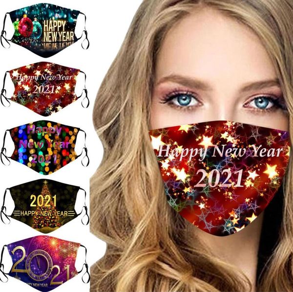 

women men kids face mask 2021 happy new year printed masks fashion washable can be inserted with filter face masks 5 colors e110904, Black;white