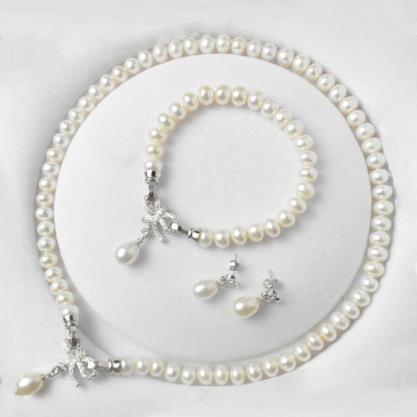 

classic pearl jewelry sets for women genuine natural freshwater pearl jewelry silver earrings bracelet necklace, Black
