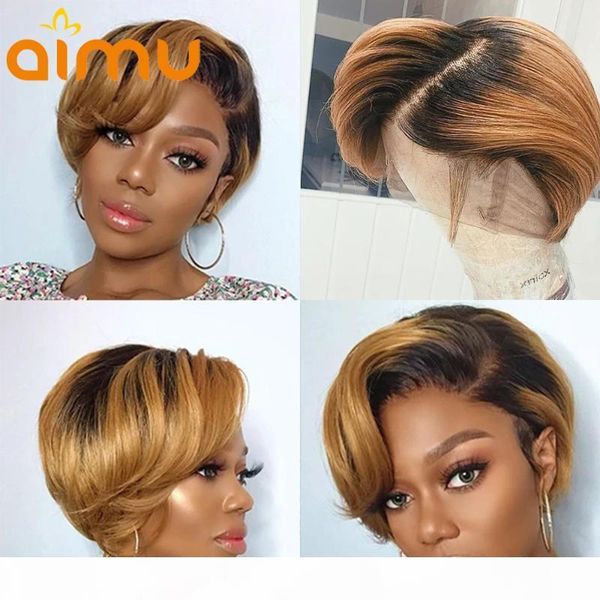 

pixie cut wig 4x4 closure glueless short bob lace front human hair wigs for black women ombre honey blonde remy brazilian hair, Black;brown