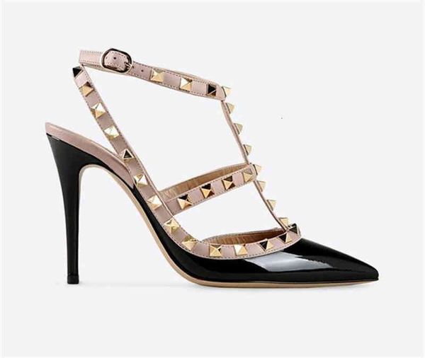 

toe designer pointed sandals 2-strap with studs dress shoes matte leather rivets sandal women studded strappy high heels pumps 2022, Black