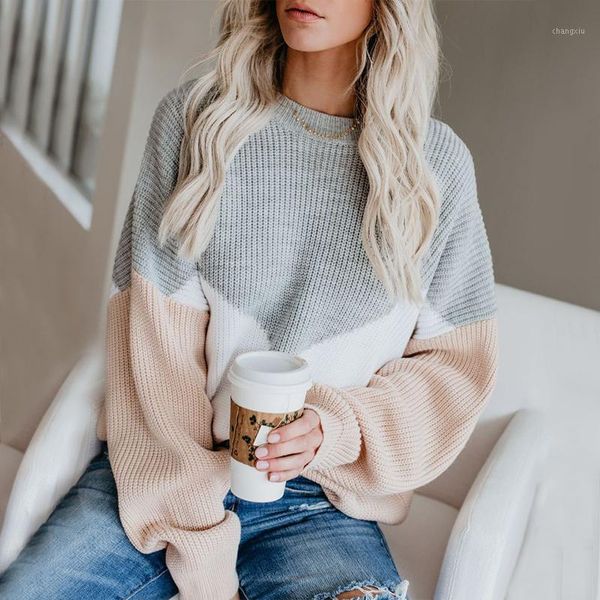 

autumn winter 2020 sweater for women loose female's knitting pullovers fashionable patchwork lantern sleeve oversized lazy oaf1, White;black