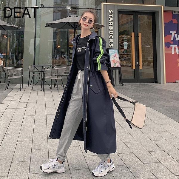 

deat] safari стиль полосатый с капюшоном воротник drawstring талии тонкий пальто женщин полный рукав zipper 2020 новая осень tide tu181, Tan;black