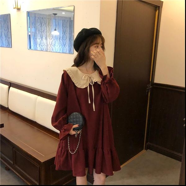 

japanese vintage college style sweet peter pan collar bow cute petal full sleeve dress harajuku kawaii loose straight doll, Black;gray