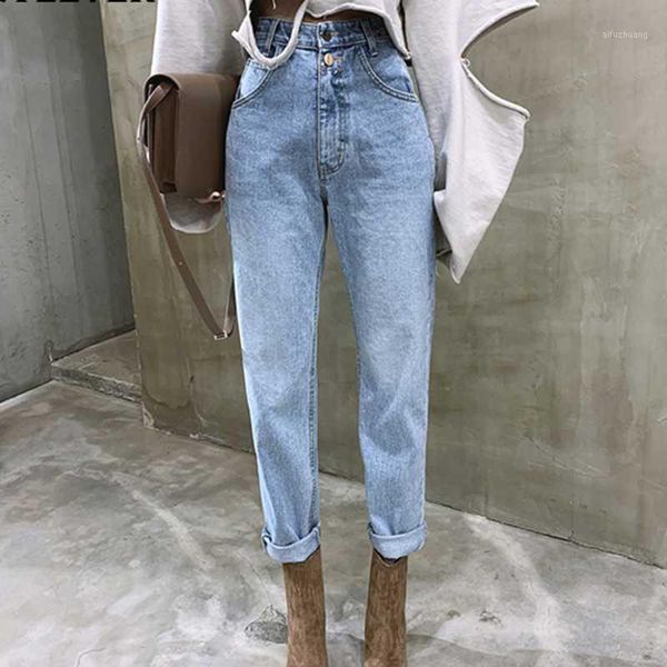 

women jean pant female 2020 spring autumn high waist loose straig jeans button zipper woman ladies trosuer denim pants1, Blue