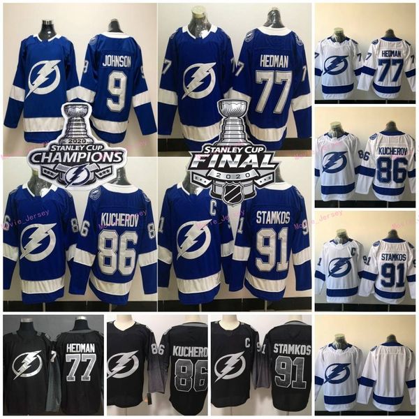 

tampa bay lightning 2020 stanley cup champions 91 steven stamkos 86 nikita kucherov 77 victor hedman 21 brayden point hockey jerseys, Black;red