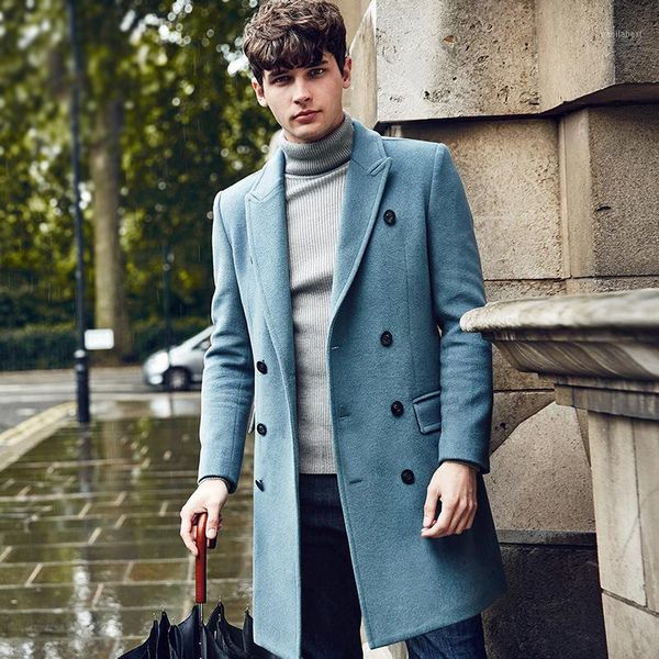 

super slim men double breasted 32% wool turn-down collar long blends leisure man outwear blue khaki black 3xl 2xl1