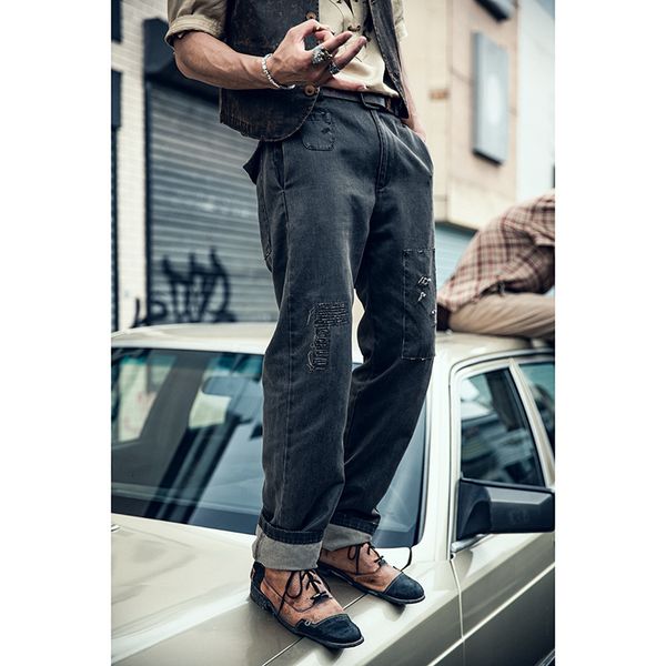 

soarin american style overalls men's amai khaki casual straight tube patch hole broken locomotive pants thin