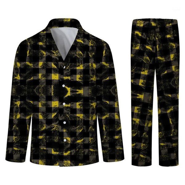 

fashion design 3d pajamas men soft casual sleepwear black golden plaid nightshirt loose breathable pajamas1, Black;brown