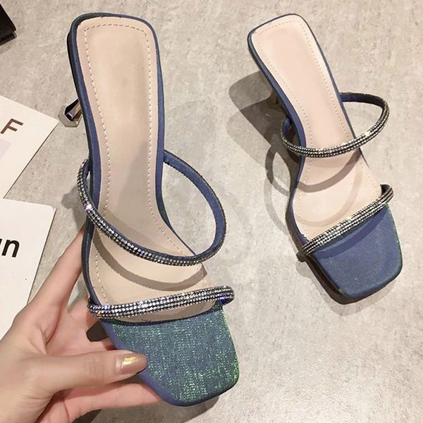 

women slip on crystal sandals slippers ladies fashion thin heels shoes female square toe party summer slipper woman footwear #xt9x, Black