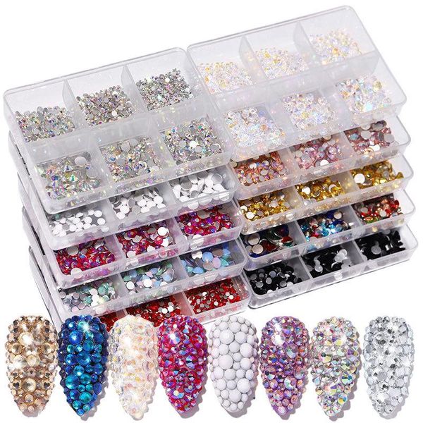 

new mixed size crystal ab glass rhinestones for nails non fix 3d flatback strass gems glitter jewelry nail art decorations, Silver;gold