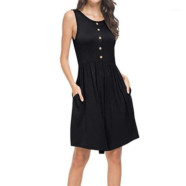 

new 2019 solid o-neck women beach dress sleeveless knee-length summer dress fashion pocket plus size slim casual vestidos female1, Black;gray