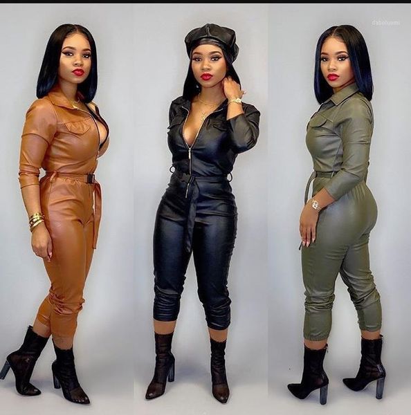 

2019 women winter turn down collar pu leather jumpsuit long sleeve jumpsuit bodycon outfits sashes night club party rompers1, Black;white