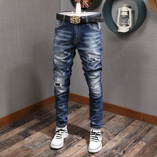 

2021 new fashion streetwear men retro blue destroyed slim fit ripped jeans punk style vintage designer hip hop pants 2fsr