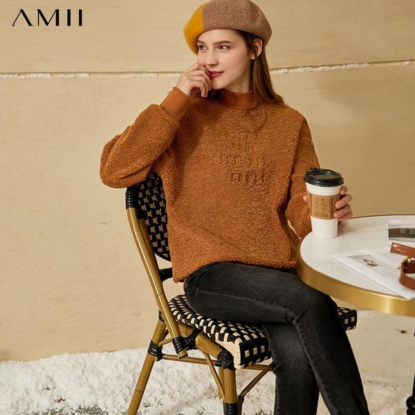 

amii minimalism winter thick hoodies for women fashion letter embroidery fleece women's turtleneck pullover 12040606, Black