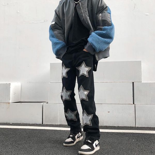 

men's jeans embroidery stars patchwork frayed pants men and women streetwear washed retro casual denim trousers hip hop baggy, Blue