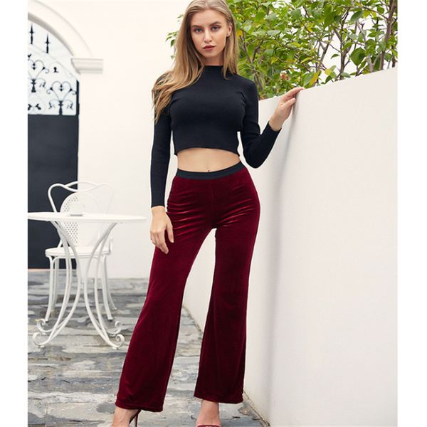 

2020 fall/winter new style european and american retro women elastic waist straight-leg pants high-waist stretch velvet trousers size, Black;white