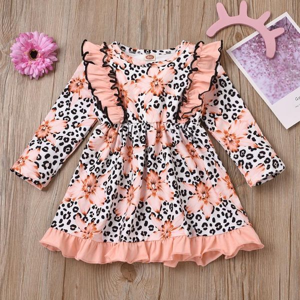 

girl's dresses 40# children's dress long-sleeved frilled leopard print flower princess costume for baby girl kids clothes girls, Red;yellow