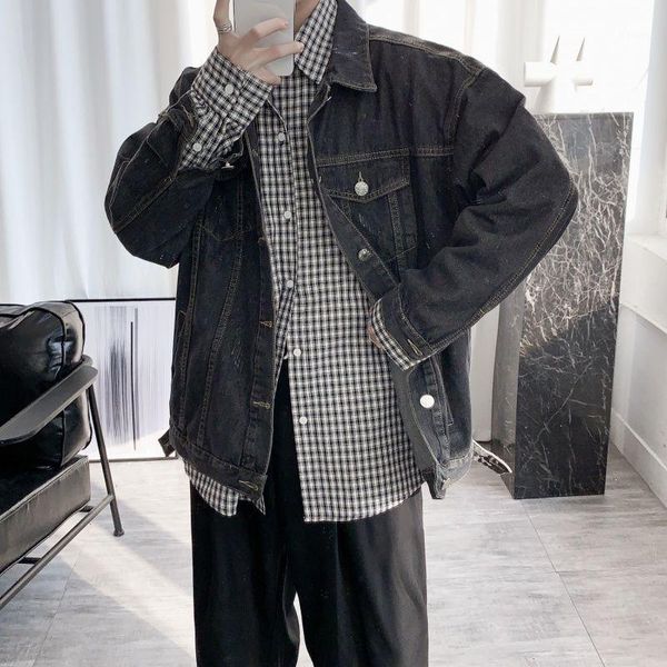 

autumn blue black denim jacket men's fashion casual retro denim jackets mens streetwear wild loose hip hop bomber jacket men1, Black;brown