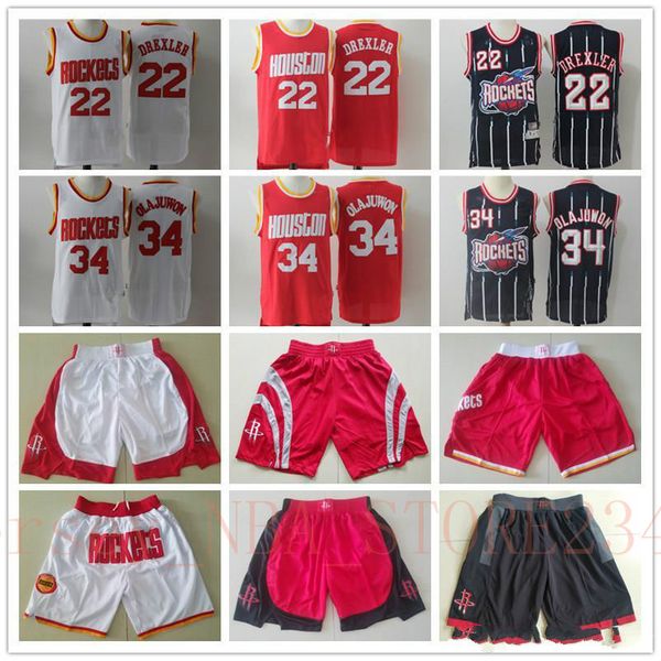 

mens houston rockets throwback jersey hakeem 34 olajuwon clyde 22 drexler basketball shorts basketball jerseys red white, Black;red