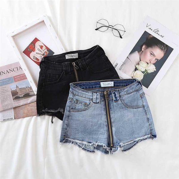 

summer female ripped frayed zipper high waist denim shorts women lady casual slim streetwear jeans pants1, Blue