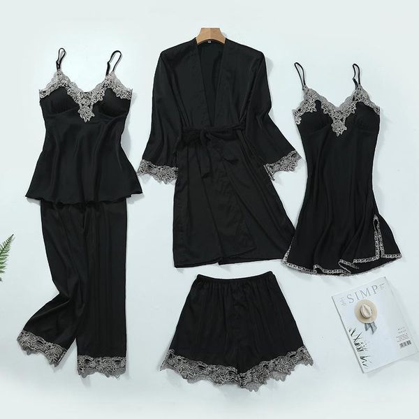 

autumn and winter new ladies nightgown nightdress set four-piece ice ribbon chest pad nightgown set v-neck homewear sp00021, Black;red