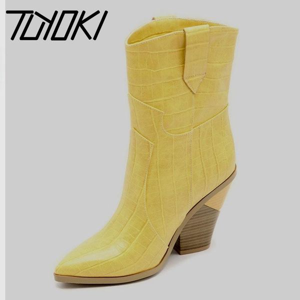 

tuyoki plus size 33-46 women mid calf boots winter add fur stone pattern fashion warm heel boots european style designer shoes, Black