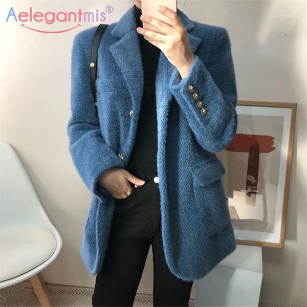 

aelegantmis 3 color office lady notched collar thick warm faux fur women blazer jacket female golden button soft blazer work1, White;black