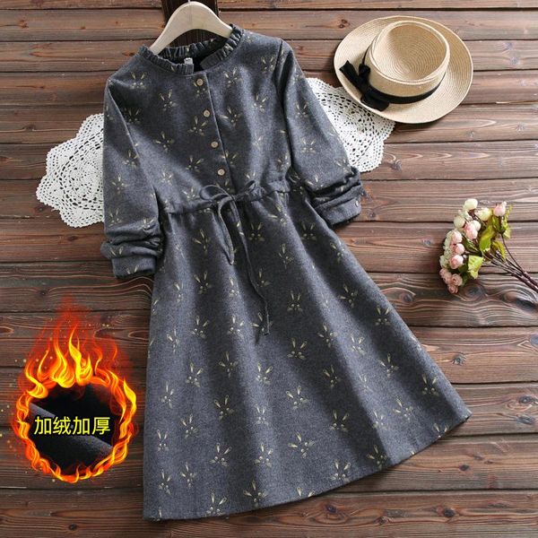

fresh and versatile literary retro brushed plus velvet thickened stand-up collar flower with collar waist tie dress winter women, Black;gray
