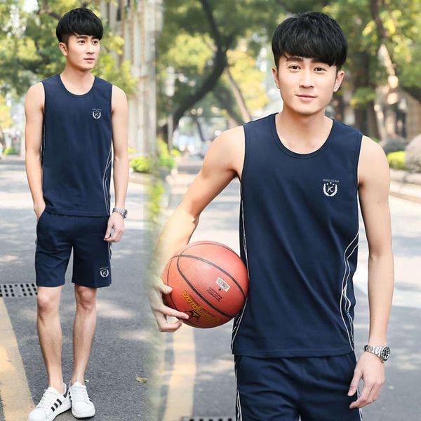 

sleeveless sports t-shirt suit vest men's summer shorts thin basketball casual wear cotton breathable 1807, Gray